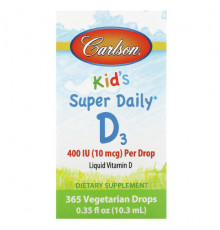 Витамин D Carlson, Kids Super Daily D3, 10 мкг (400 МЕ), 365 вегетарианских капель, 10,3 мл (0,35 жидк. Унции)