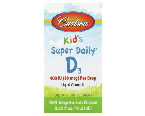 Витамин D Carlson, Kids Super Daily D3, 10 мкг (400 МЕ), 365 вегетарианских капель, 10,3 мл (0,35 жидк. Унции) Витамин D Carlson, Kids Super Daily D3, 10 мкг (400 МЕ), 365 вегетарианских капель, 10,3 мл (0,35 жидк. Унции)