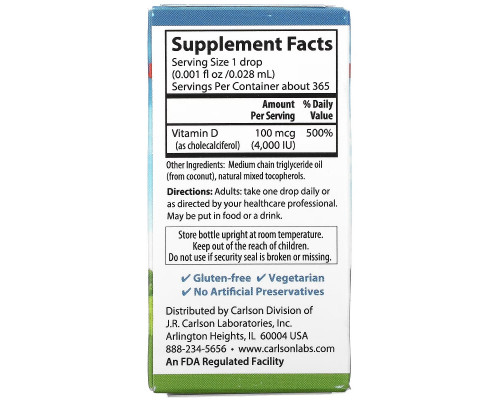 Carlson, Super Daily D3, 100 mcg (4,000 IU), 0.35 fl oz (10.3 ml) Carlson, Super Daily D3, 100 mcg (4,000 IU), 0.35 fl oz (10.3 ml)