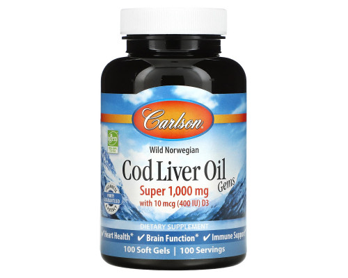 Carlson Labs, Wild Norwegian Cod Liver Oil Gems, супер, 1000 мг, 100 капсул Carlson Labs, Wild Norwegian Cod Liver Oil Gems, супер, 1000 мг, 100 капсул