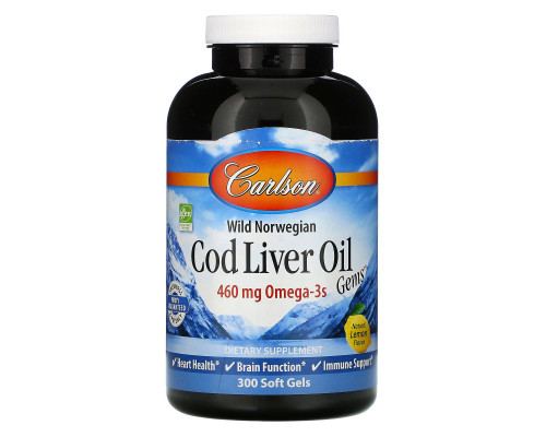 Carlson Labs, Wild Norwegian Cod Liver Oil Gems, натуральный лимонный вкус, 300 мягких таблеток Carlson Labs, Wild Norwegian Cod Liver Oil Gems, натуральный лимонный вкус, 300 мягких таблеток