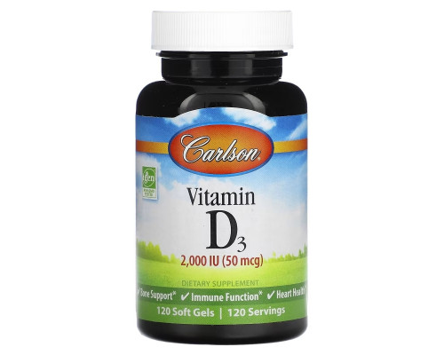 Carlson, Vitamin D3, 50 mcg (2,000 IU), 120 Soft Gels Carlson, Vitamin D3, 50 mcg (2,000 IU), 120 Soft Gels