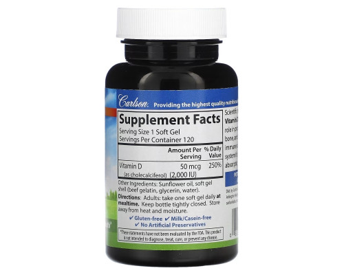Carlson, Vitamin D3, 50 mcg (2,000 IU), 120 Soft Gels Carlson, Vitamin D3, 50 mcg (2,000 IU), 120 Soft Gels