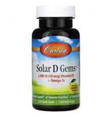 Витамин D Carlson, Solar D Gems, натуральный лимон, 50 мкг (2000 МЕ), 120 мягких таблеток