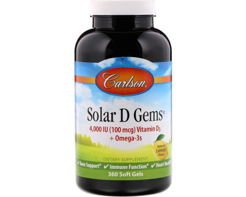 Carlson Labs, Solar D Gems, с натуральным лимонным вкусом, 360 желатиновых капсул Carlson Labs, Solar D Gems, с натуральным лимонным вкусом, 360 желатиновых капсул