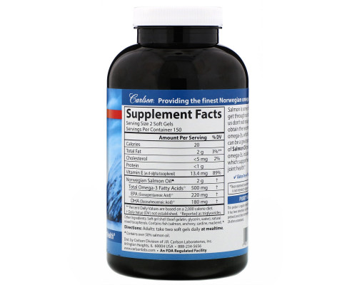 Carlson Labs, Norwegian Salmon Oil, 500 mg, 300 Soft Gels Carlson Labs, Norwegian Salmon Oil, 500 mg, 300 Soft Gels