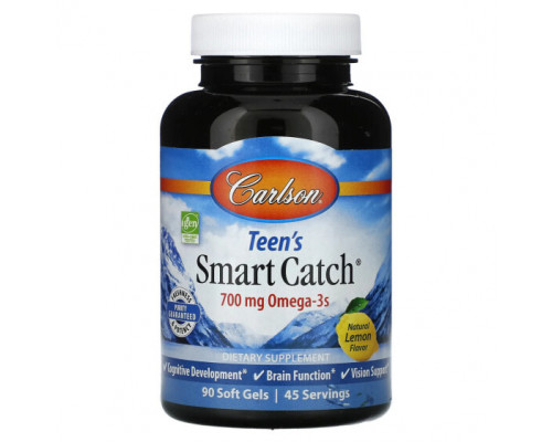 Детское здоровье Carlson, Teen's Smart Catch, натуральный лимон, 700 мг, 90 мягких таблеток Детское здоровье Carlson, Teen's Smart Catch, натуральный лимон, 700 мг, 90 мягких таблеток