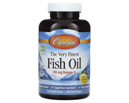 Рыбий жир и Омега 3, 6, 9 Carlson, The Very Finest Fish Oil, натуральный лимон, 700 мг, 120 мягких таблеток Рыбий жир и Омега 3, 6, 9 Carlson, The Very Finest Fish Oil, натуральный лимон, 700 мг, 120 мягких таблеток