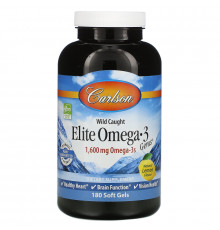 Carlson Labs, Пойманная в диких условиях рыба, Elite Omega-3 Gems, вкус натурального лимона, 1600 мг, 180 мягких таблетки