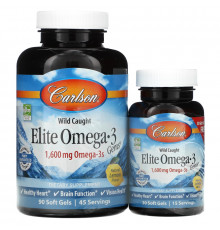 Carlson Labs, Поймано в диких условиях, Elite Omega-3 Gems, со вкусом лимона, 1600 мг, Natural Lemon Flavor, 1,600 mg, 90 + 30 (бесплатных) мягких таблеток