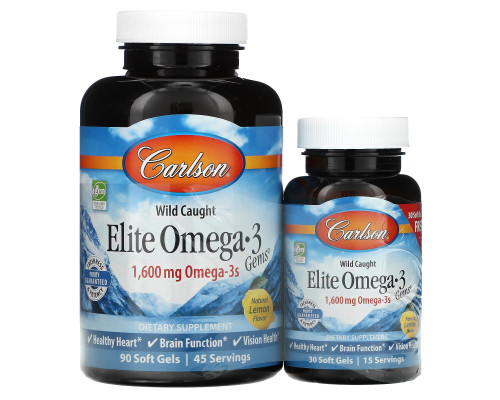 Carlson Labs, Поймано в диких условиях, Elite Omega-3 Gems, со вкусом лимона, 1600 мг, Natural Lemon Flavor, 1,600 mg, 90 + 30 (бесплатных) мягких таблеток Carlson Labs, Поймано в диких условиях, Elite Omega-3 Gems, со вкусом лимона, 1600 мг, Natural Lemon Flavor, 1,600 mg, 90 + 30 (бесплатных) мягких таблеток