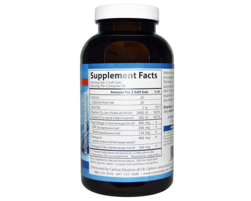 Carlson Labs Омега-3·6·9 с Маслом огурца 180 капсул Carlson Labs Омега-3·6·9 с Маслом огурца 180 капсул