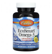 Рыбий жир и Омега 3, 6, 9 Carlson, Wild Norwegian EcoSmart Omega-3, Natural Lemon, 500 mg, 90 Soft Gels