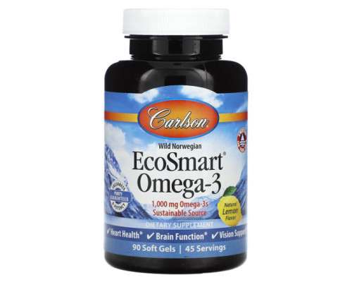 Рыбий жир и Омега 3, 6, 9 Carlson, Wild Norwegian EcoSmart Omega-3, Natural Lemon, 500 mg, 90 Soft Gels Рыбий жир и Омега 3, 6, 9 Carlson, Wild Norwegian EcoSmart Omega-3, Natural Lemon, 500 mg, 90 Soft Gels