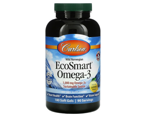 Carlson Labs, EcoSmart Omega-3, Natural Lemon Flavor, 180 Soft Gels Carlson Labs, EcoSmart Omega-3, Natural Lemon Flavor, 180 Soft Gels