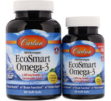 Carlson Labs, EcoSmart Omega-3, Natural Lemon Flavor, 90 + 30 Free Soft Gels