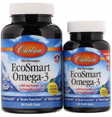 Carlson Labs, EcoSmart Omega-3, Natural Lemon Flavor, 90 + 30 Free Soft Gels