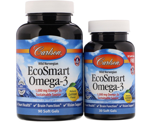 Carlson Labs, EcoSmart Omega-3, Natural Lemon Flavor, 90 + 30 Free Soft Gels Carlson Labs, EcoSmart Omega-3, Natural Lemon Flavor, 90 + 30 Free Soft Gels