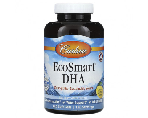 Рыбий жир и Омега 3, 6, 9 Carlson, EcoSmart DHA, натуральный лимон, 500 мг, 120 мягких таблеток Рыбий жир и Омега 3, 6, 9 Carlson, EcoSmart DHA, натуральный лимон, 500 мг, 120 мягких таблеток