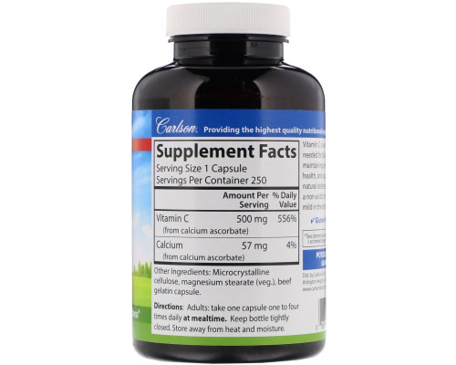 Carlson Labs, Mild·C, Витамин C, 500 мг, 250 капсул Carlson Labs, Mild·C, Витамин C, 500 мг, 250 капсул