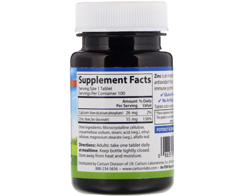 Carlson Labs, Zinc, 15 mg , 100 Tablets