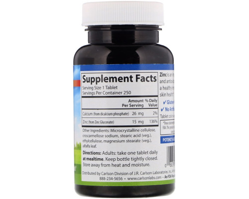 Carlson Labs, Zinc, 15 mg, 250 Tablets Carlson Labs, Zinc, 15 mg, 250 Tablets