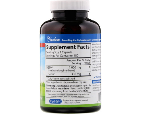 Carlson Labs, MSM Sulfur, 1 000 мг, 180 вегетарианских капсул