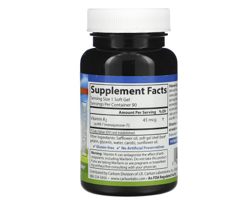 Carlson Labs, Vitamin K2 MK-7, 45 mcg, 90 Soft Gels Carlson Labs, Vitamin K2 MK-7, 45 mcg, 90 Soft Gels