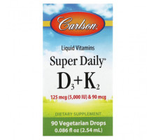 Витамин D Carlson, Super Daily D3 + K2, 125 мкг (5000 МЕ) и 90 мкг, 90 вегетарианских капель, 2,54 мл (0,086 жидк. Унции)