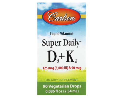 Витамин D Carlson, Super Daily D3 + K2, 125 мкг (5000 МЕ) и 90 мкг, 90 вегетарианских капель, 2,54 мл (0,086 жидк. Унции) Витамин D Carlson, Super Daily D3 + K2, 125 мкг (5000 МЕ) и 90 мкг, 90 вегетарианских капель, 2,54 мл (0,086 жидк. Унции)