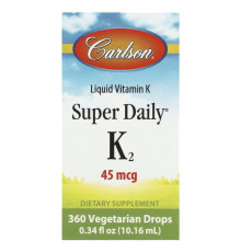 Витамин К Carlson, Liquid Vitamin K, Super Daily K2, 45 мкг, 10,16 мл (0,34 жидк. Унции)
