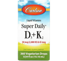 Carlson Labs, Жидкие витамины, Super Daily D3+K2, 50 мкг, 0,34 ж. унц. (10,16 мл)