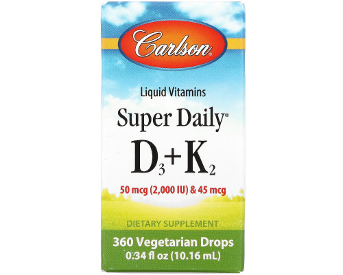 Carlson Labs, Жидкие витамины, Super Daily D3+K2, 50 мкг, 0,34 ж. унц. (10,16 мл) Carlson Labs, Жидкие витамины, Super Daily D3+K2, 50 мкг, 0,34 ж. унц. (10,16 мл)