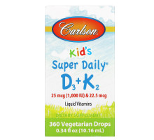 Carlson Labs, Kids, Super Daily D3+K2, 25 mcg (1,000 IU) & 22.5 mcg, 0.34 fl oz (10.16 ml)