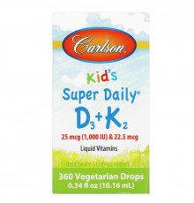 Carlson Labs, Kids, Super Daily D3+K2, 25 mcg (1,000 IU) & 22.5 mcg, 0.34 fl oz (10.16 ml)