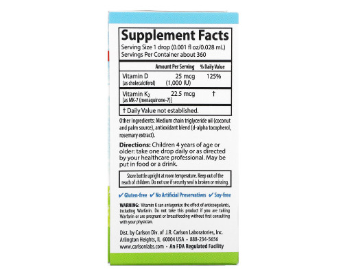 Carlson Labs, Kids, Super Daily D3+K2, 25 mcg (1,000 IU) & 22.5 mcg, 0.34 fl oz (10.16 ml) Carlson Labs, Kids, Super Daily D3+K2, 25 mcg (1,000 IU) & 22.5 mcg, 0.34 fl oz (10.16 ml)