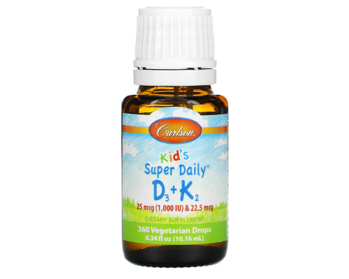 Carlson Labs, Kids, Super Daily D3+K2, 25 mcg (1,000 IU) & 22.5 mcg, 0.34 fl oz (10.16 ml) Carlson Labs, Kids, Super Daily D3+K2, 25 mcg (1,000 IU) & 22.5 mcg, 0.34 fl oz (10.16 ml)