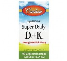 Витамин D Carlson, Super Daily, витамины D3 и K2, 90 вегетарианских капель, 2,54 мл (0,086 жидк. унции)
