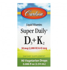 Витамин D Carlson, Super Daily, витамины D3 и K2, 90 вегетарианских капель, 2,54 мл (0,086 жидк. унции)