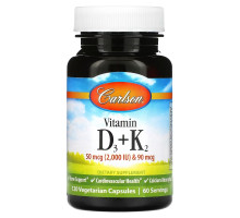Carlson, Витамин D3 и K2, 50 мкг (2000 МЕ) и 90 мкг, 120 вегетарианских капсул