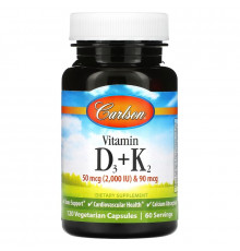 Carlson, Витамин D3 и K2, 50 мкг (2000 МЕ) и 90 мкг, 120 вегетарианских капсул