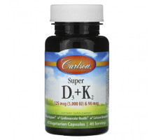 Витамин D Carlson, Super D3 + K2`` 45 вегетарианских капсул