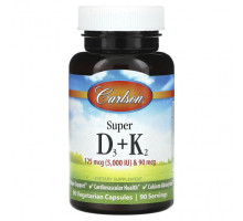 Витамин D Carlson, Super D3 + K2`` 90 вегетарианских капсул