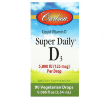 Витамин D Carlson, Super Daily, D3, 125 мкг (5000 МЕ), 90 вегетарианских капель, 2,54 мл (0,086 жидк. Унции)