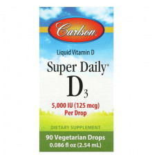 Витамин D Carlson, Super Daily, D3, 125 мкг (5000 МЕ), 90 вегетарианских капель, 2,54 мл (0,086 жидк. Унции)