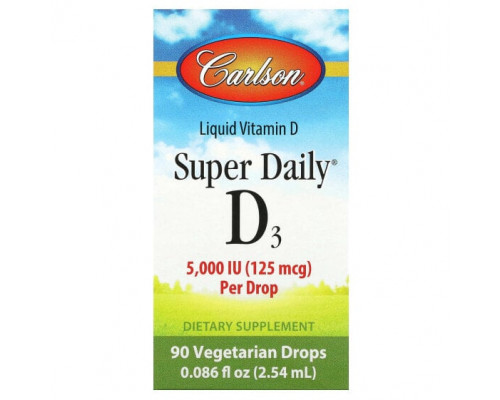 Витамин D Carlson, Super Daily, D3, 125 мкг (5000 МЕ), 90 вегетарианских капель, 2,54 мл (0,086 жидк. Унции) Витамин D Carlson, Super Daily, D3, 125 мкг (5000 МЕ), 90 вегетарианских капель, 2,54 мл (0,086 жидк. Унции)