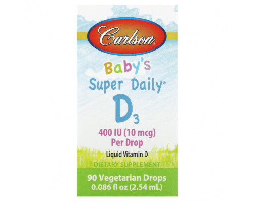 Детское здоровье Carlson, Super Daily, витамин D3 для детей, 10 мкг (400 МЕ), 2,54 мл (0,086 жидк. унции) Детское здоровье Carlson, Super Daily, витамин D3 для детей, 10 мкг (400 МЕ), 2,54 мл (0,086 жидк. унции)