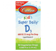Детское здоровье Carlson, Kid's Super Daily D3, 15 мкг (600 МЕ), 90 вегетарианских капель, 2,54 мл (0,086 жидк. Унции)
