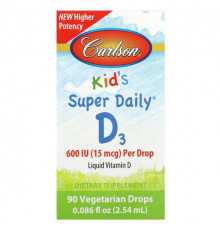 Детское здоровье Carlson, Kid's Super Daily D3, 15 мкг (600 МЕ), 90 вегетарианских капель, 2,54 мл (0,086 жидк. Унции)