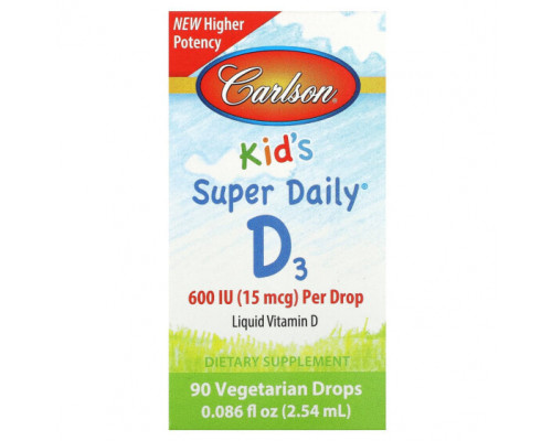 Детское здоровье Carlson, Kid's Super Daily D3, 15 мкг (600 МЕ), 90 вегетарианских капель, 2,54 мл (0,086 жидк. Унции) Детское здоровье Carlson, Kid's Super Daily D3, 15 мкг (600 МЕ), 90 вегетарианских капель, 2,54 мл (0,086 жидк. Унции)